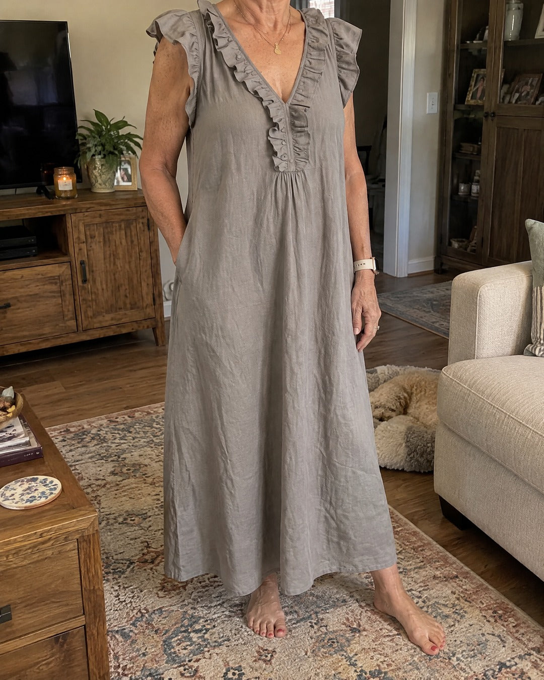 Josette dress worn at home, showing generous side pocket and relaxed shape