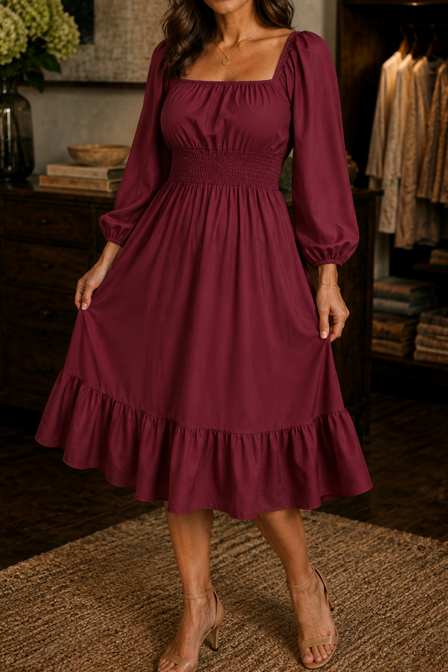 Adeline | Smocked Square-Neck Midi Dress