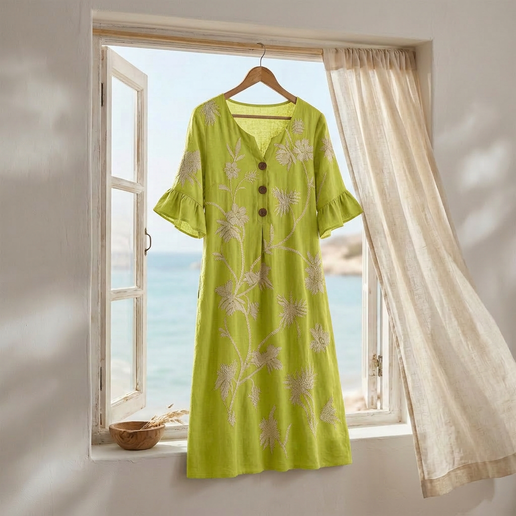 Solenya | Botanical Flutter-Sleeve Midi Dress