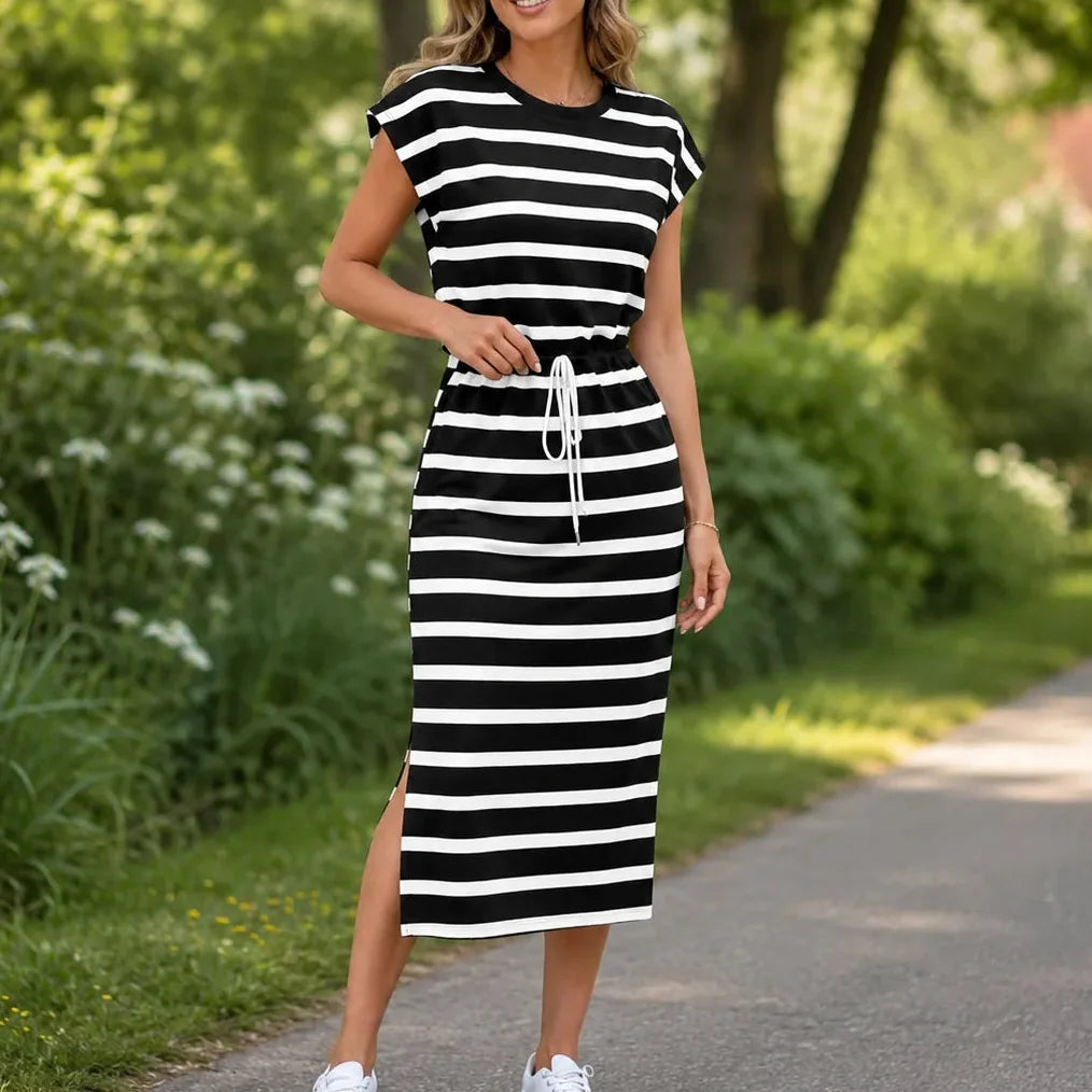 Sereva | Striped Drawstring Midi Dress