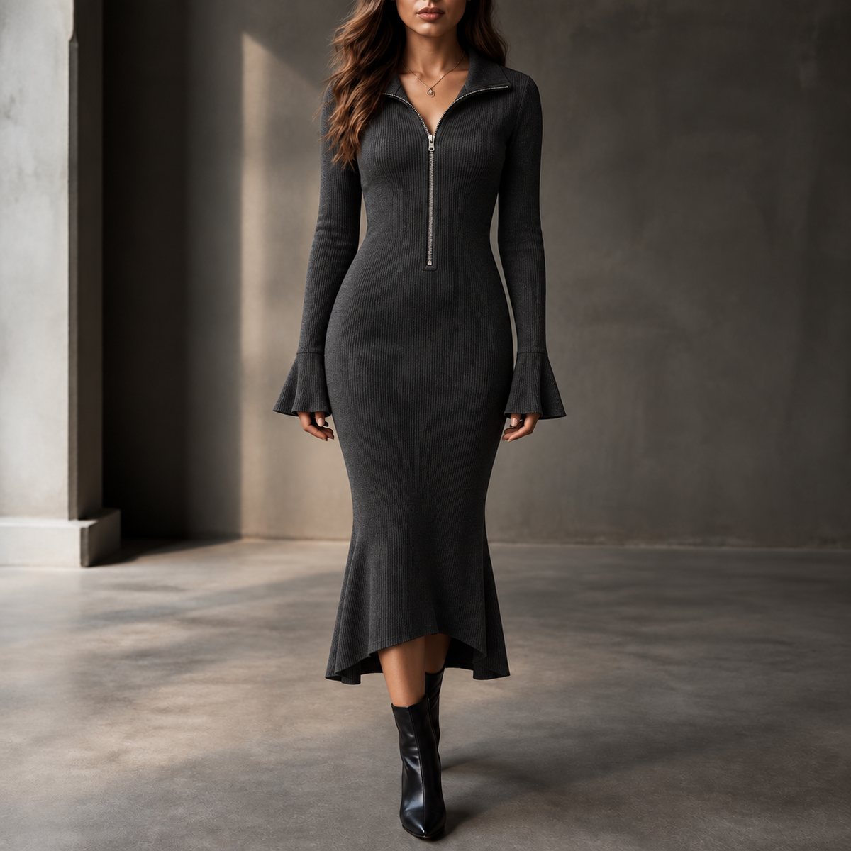 Selara | Half-Zip Fishtail Midi Dress
