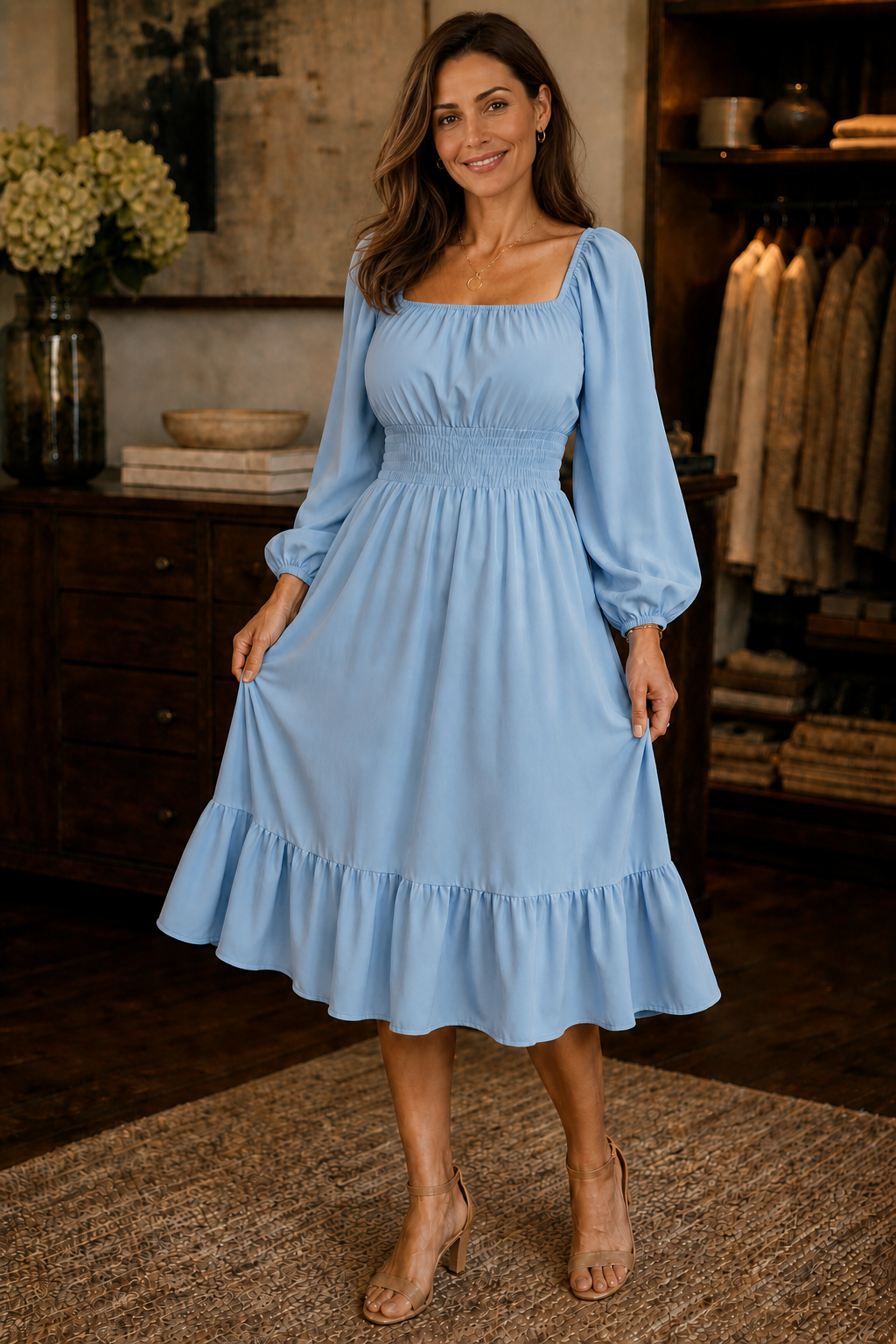 Adeline | Smocked Square-Neck Midi Dress