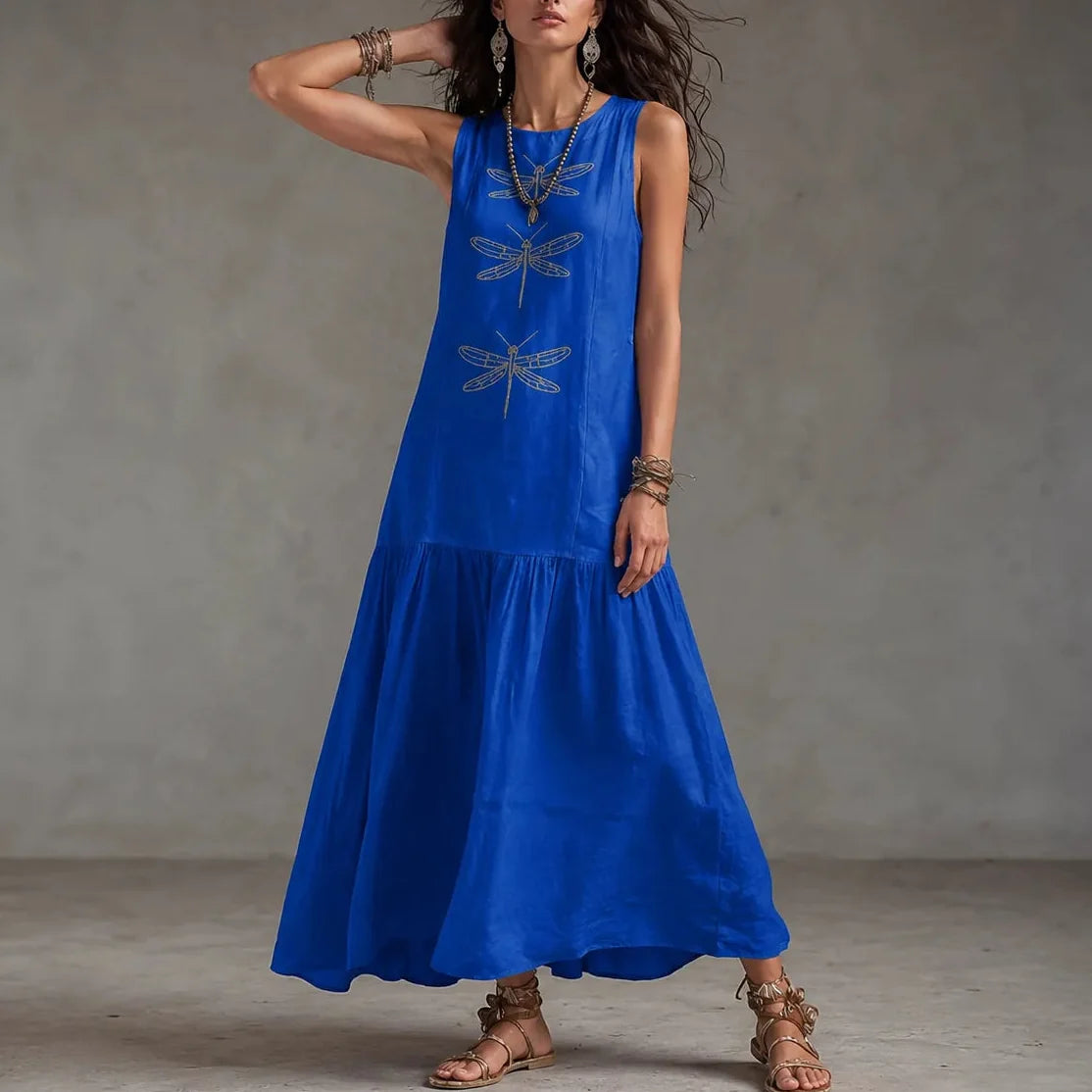 Solenne | Dragonfly Drop-Waist Maxi Dress