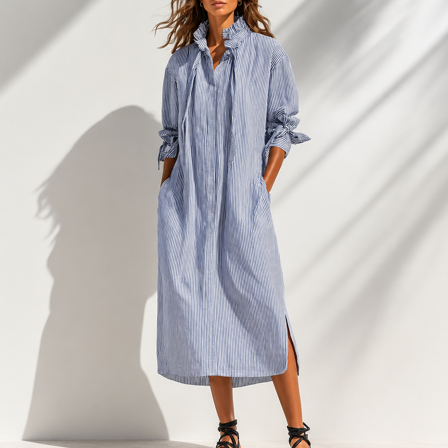 Verlyn | Striped Ruffle-Neck Midi Dress