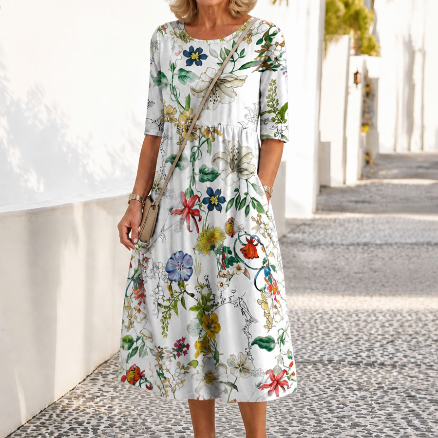 Camille | Floral Round-Neck Midi Dress