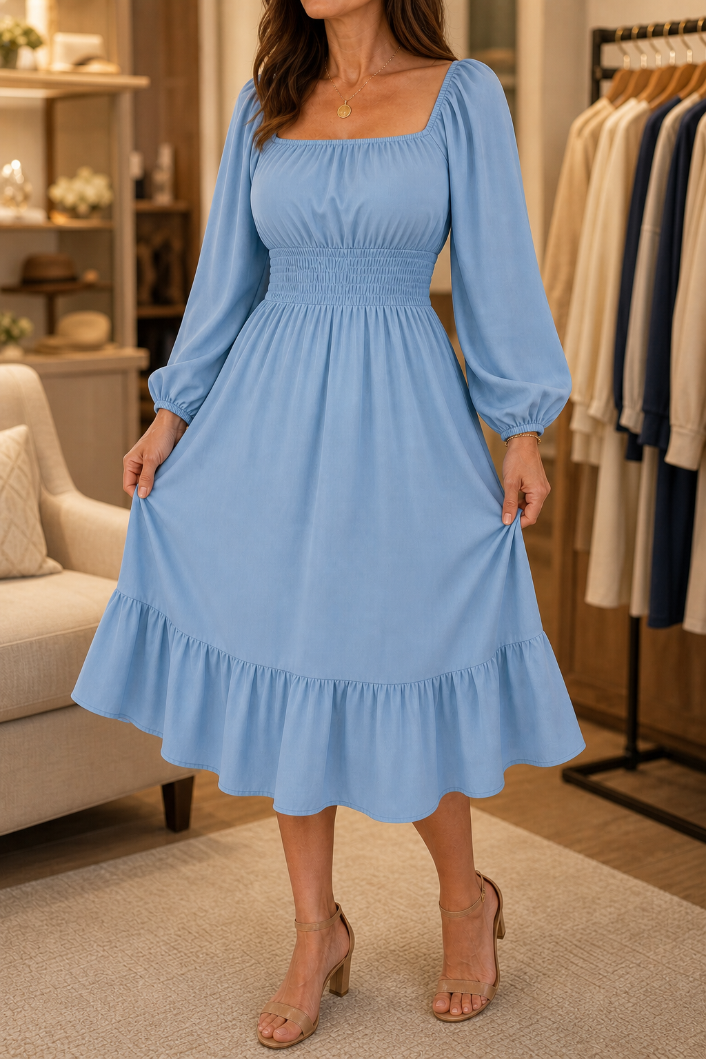 Adeline | Smocked Square-Neck Midi Dress
