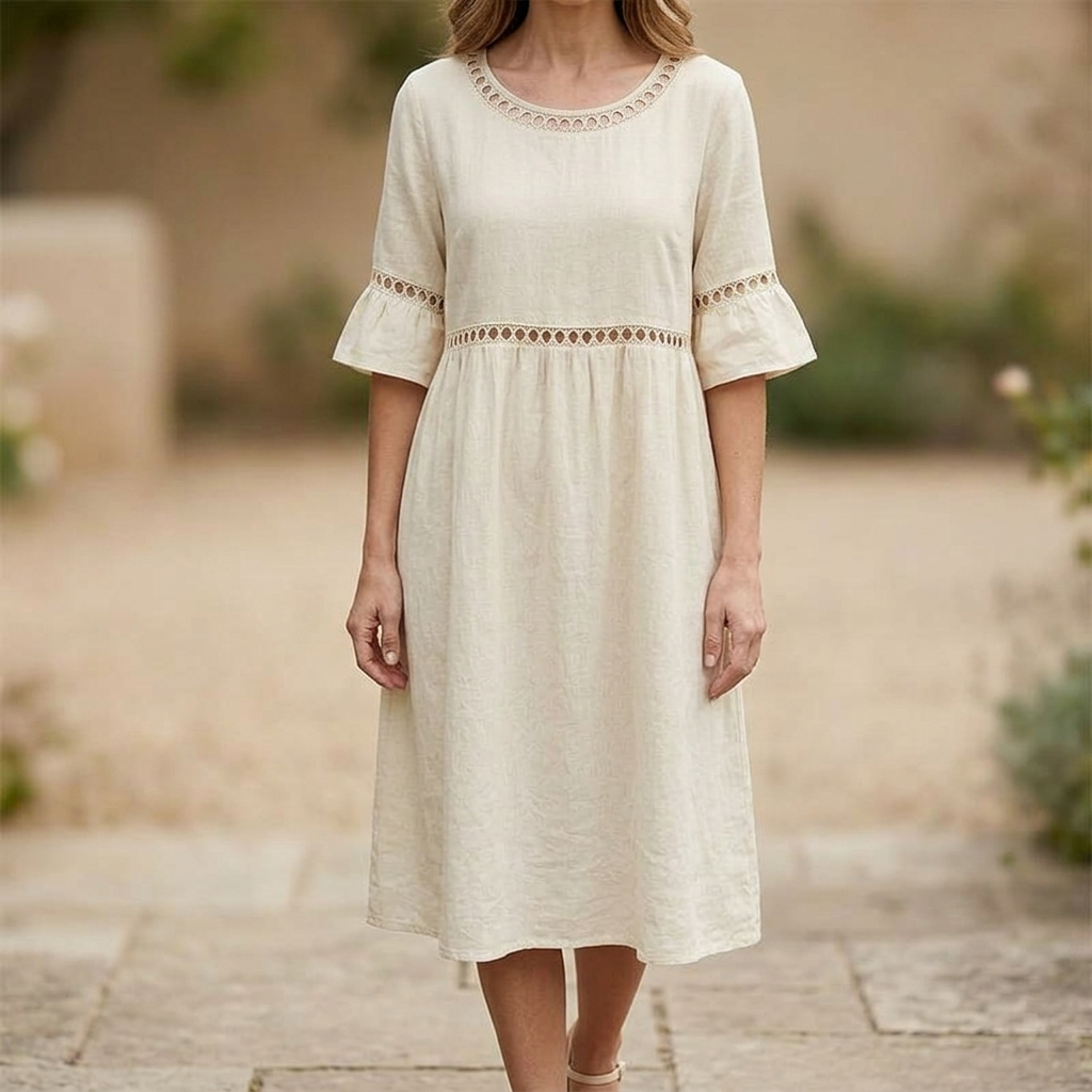 Solenne | Lace Cotton Linen Midi Dress