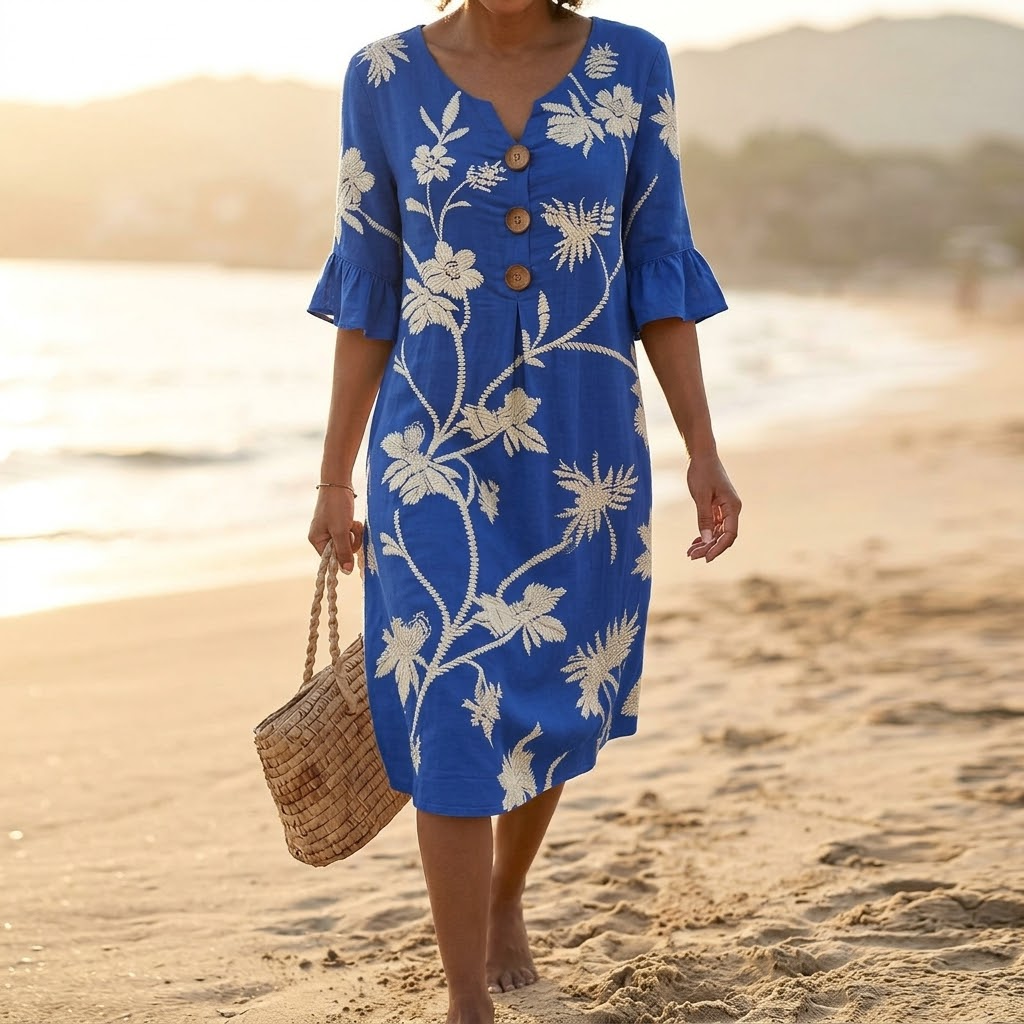 Solenya | Botanical Flutter-Sleeve Midi Dress