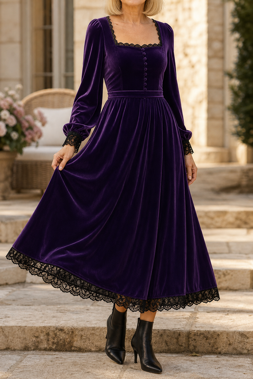 Vivienne | Square Neck Velvet Midi Dress