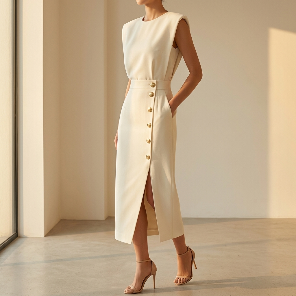 Velora | Gold-Button Slit Midi Dress