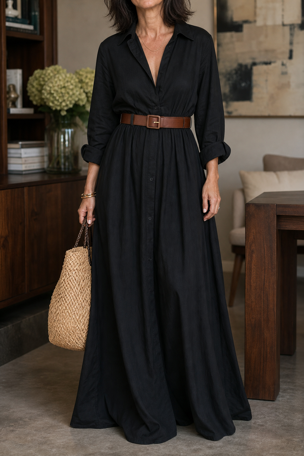 Adeline | Belted Collared Maxi Dress