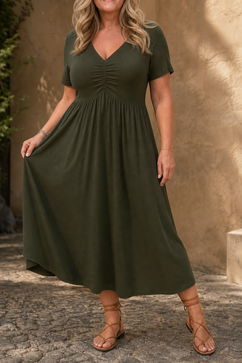Adeline | Ruched V-Neck Midi Dress