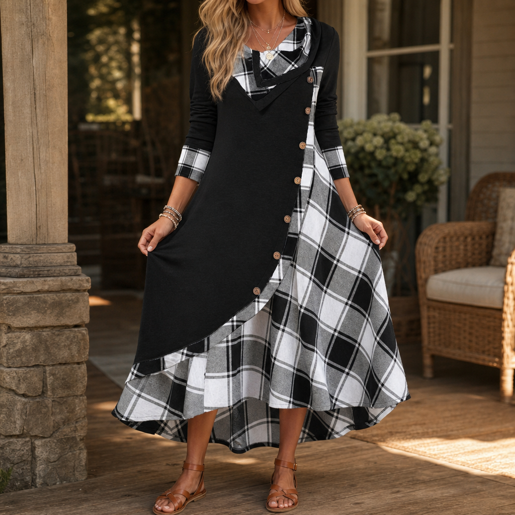 Wovelle | Plaid Patchwork Midi Dress