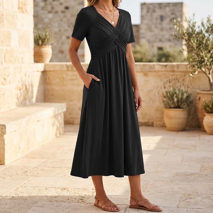 Veluna | Crossover V-Neck Midi Dress