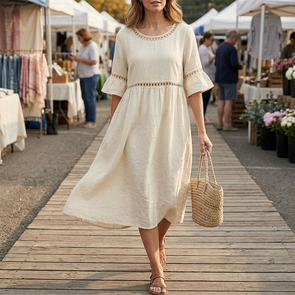Solenne | Lace Cotton Linen Midi Dress