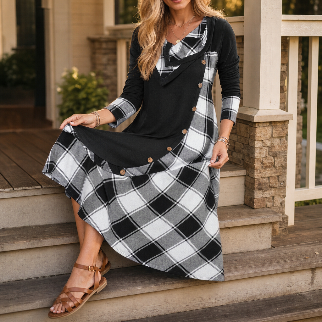 Wovelle | Plaid Patchwork Midi Dress