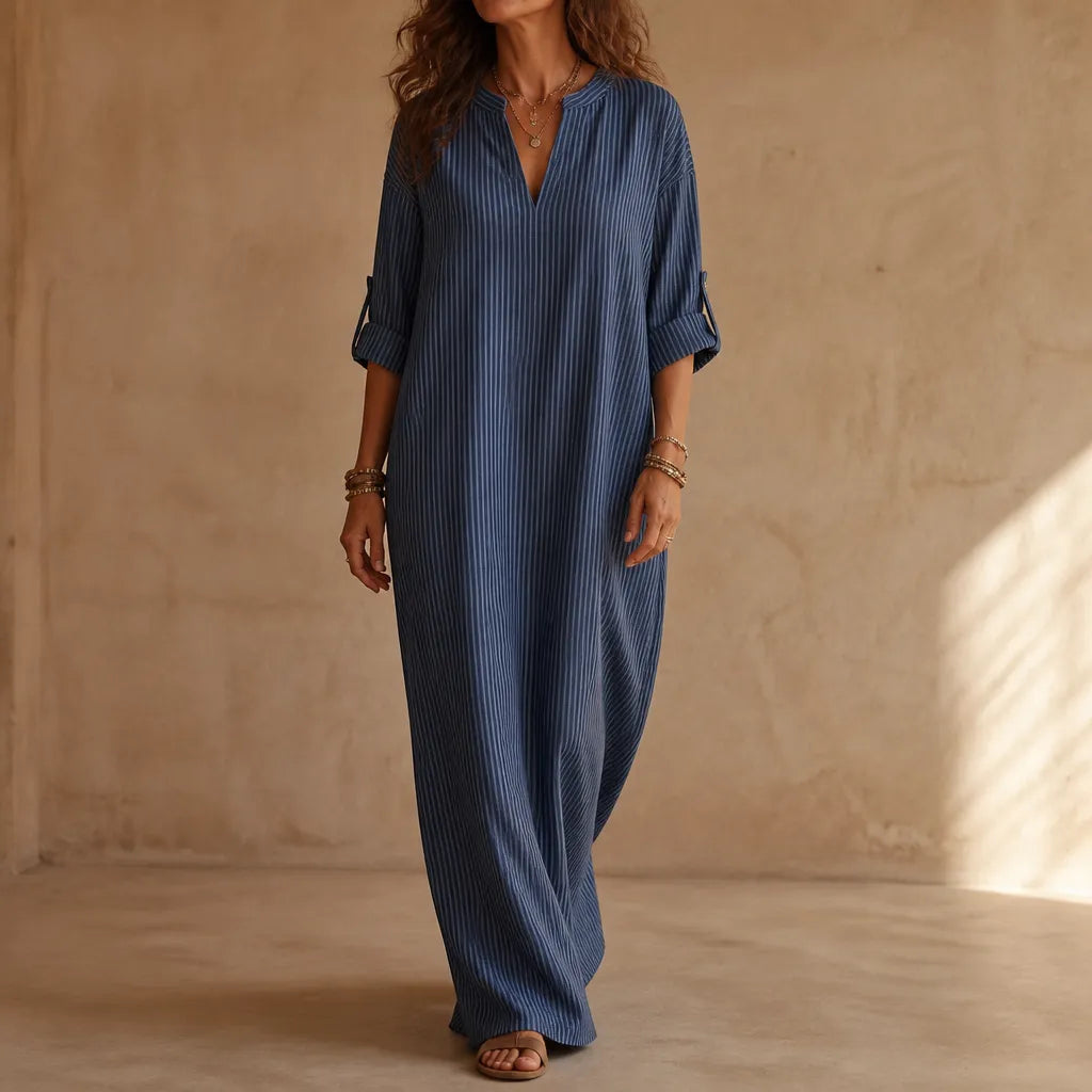 Vestara | Striped V-Neck Maxi Dress