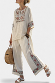 Tameric | Sophisticated Embroidered Raw Blouse & Wide Pants