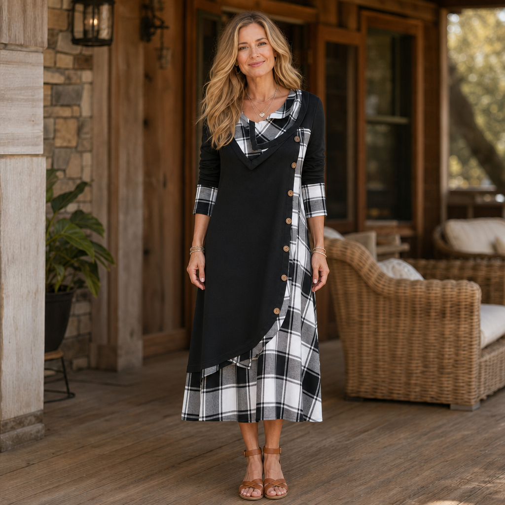 Wovelle | Plaid Patchwork Midi Dress