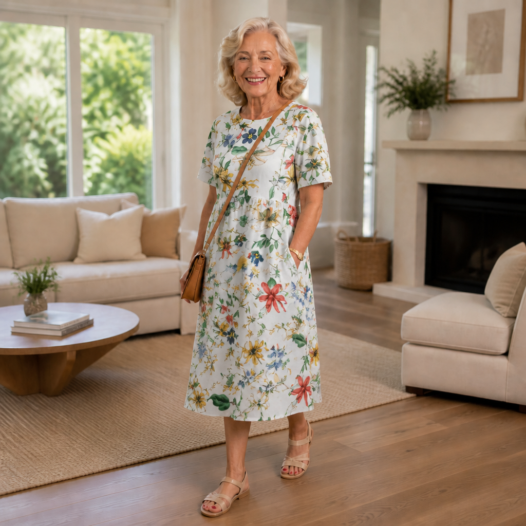 Camille | Floral Round-Neck Midi Dress