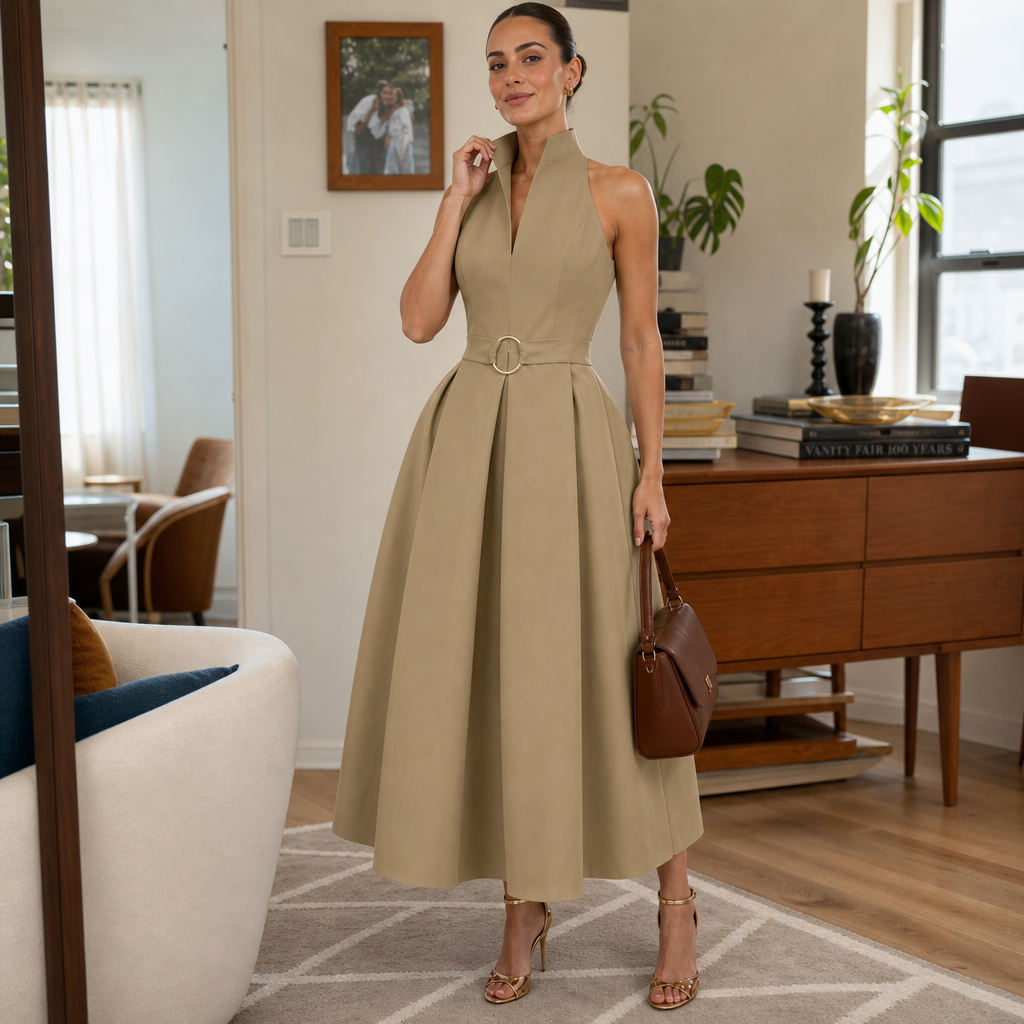 Elara | Zip-Neck Fit-And-Flare Midi Dress