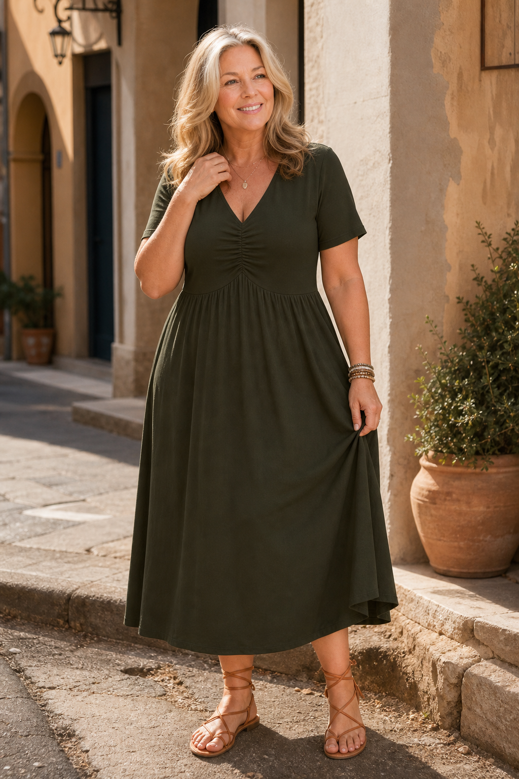 Adeline | Ruched V-Neck Midi Dress