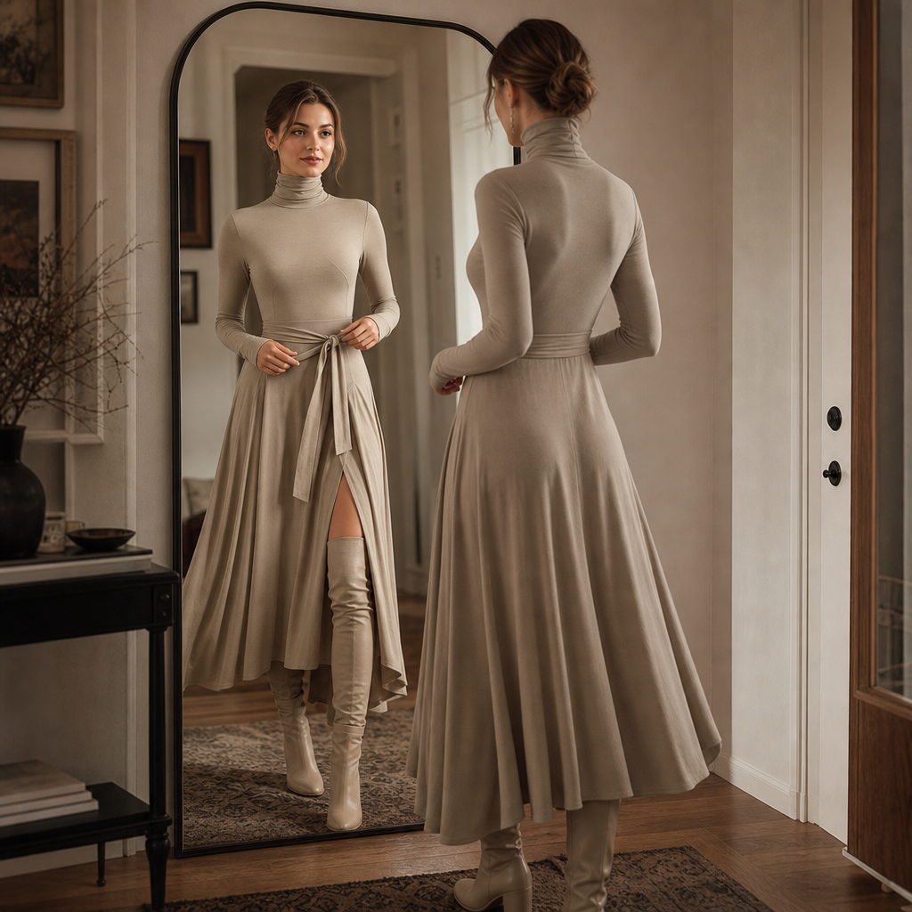 Vellara | Turtleneck Slit Midi Dress