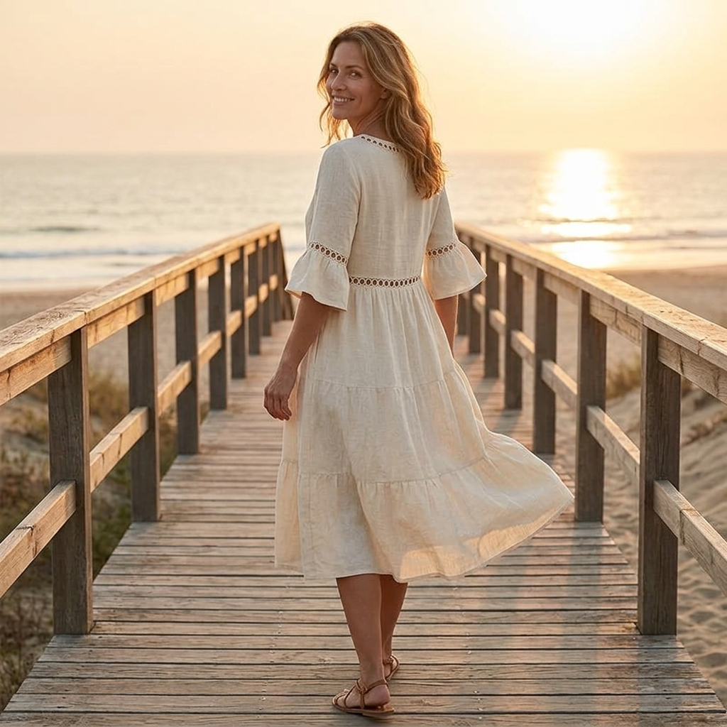 Solenne | Lace Cotton Linen Midi Dress