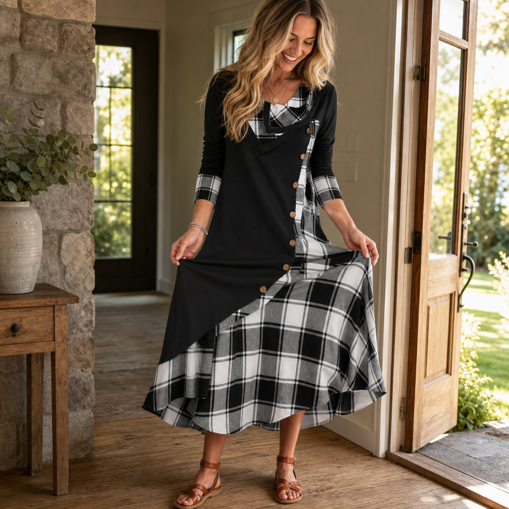 Wovelle | Plaid Patchwork Midi Dress