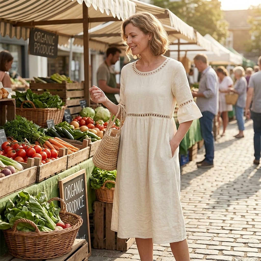 Solenne | Lace Cotton Linen Midi Dress