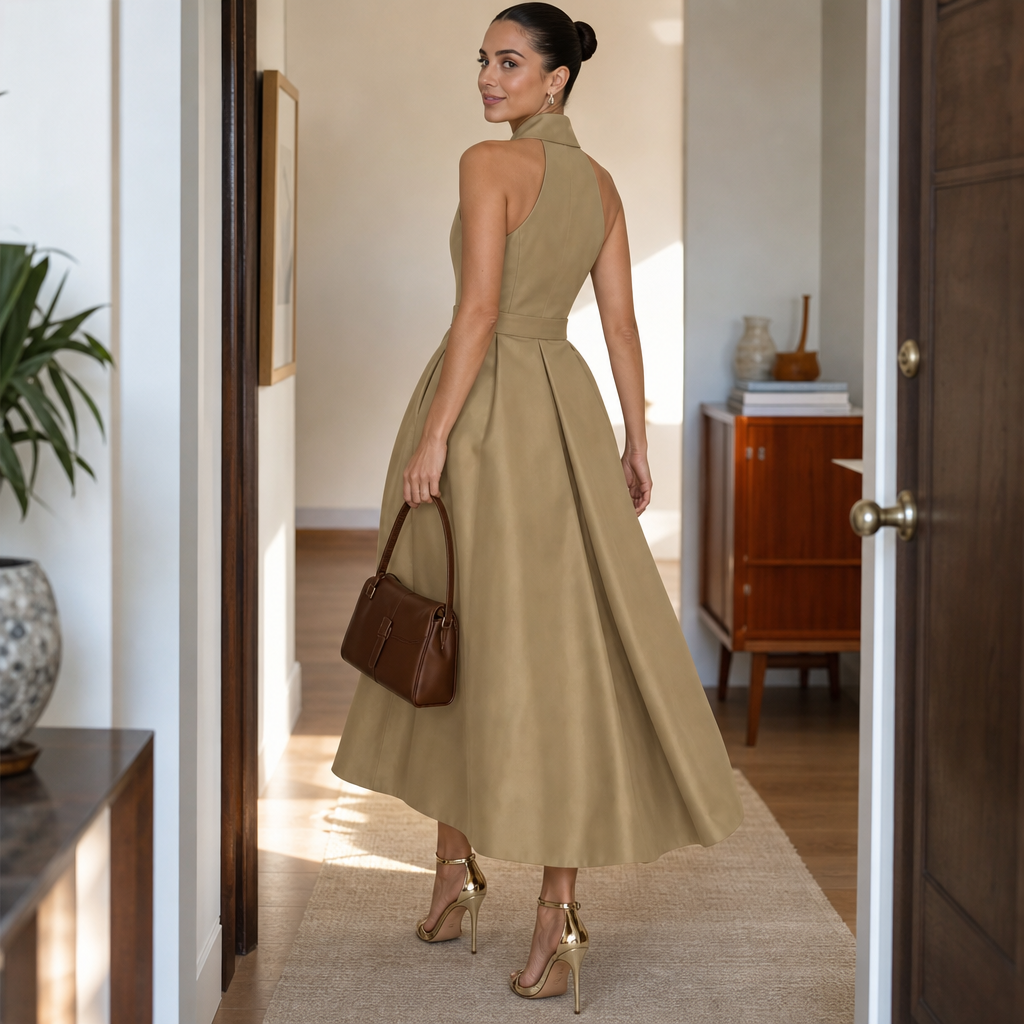 Elara | Zip-Neck Fit-And-Flare Midi Dress