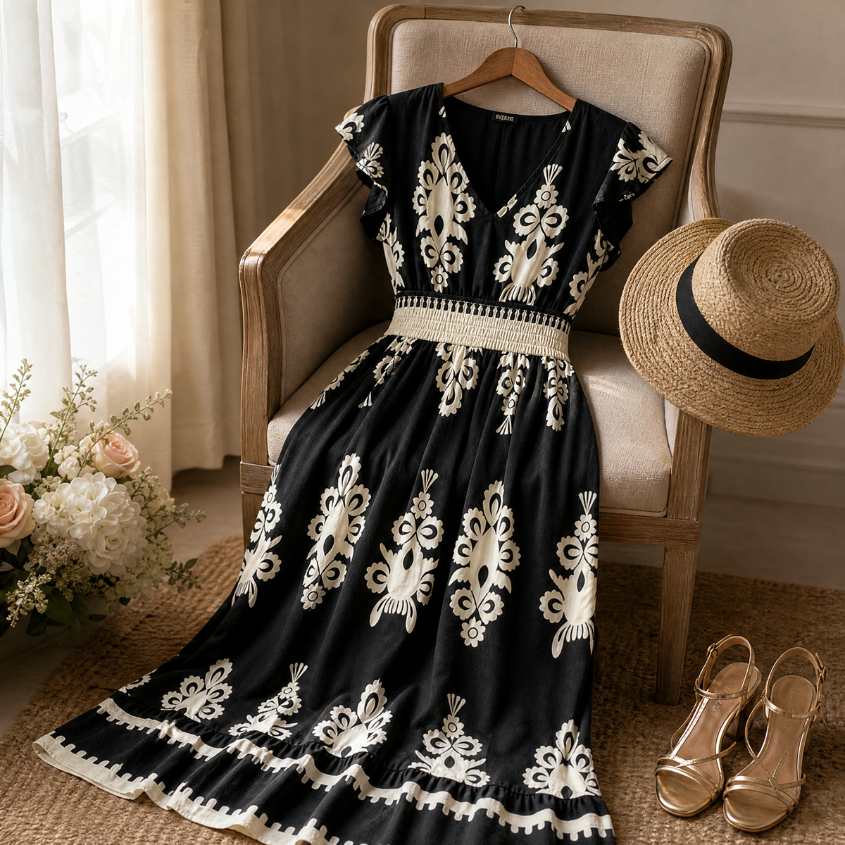 Odette | Damask Print Midi Dress