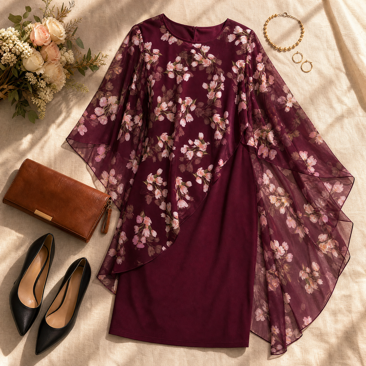Florevia | Floral Cape Sheath Dress