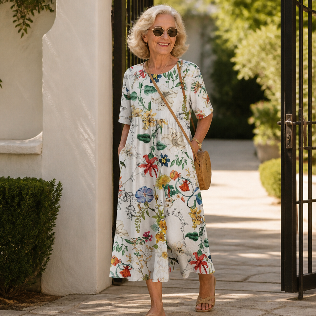 Camille | Floral Round-Neck Midi Dress