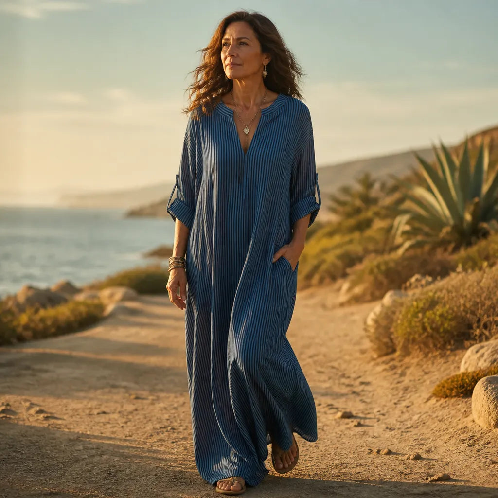 Vestara | Striped V-Neck Maxi Dress