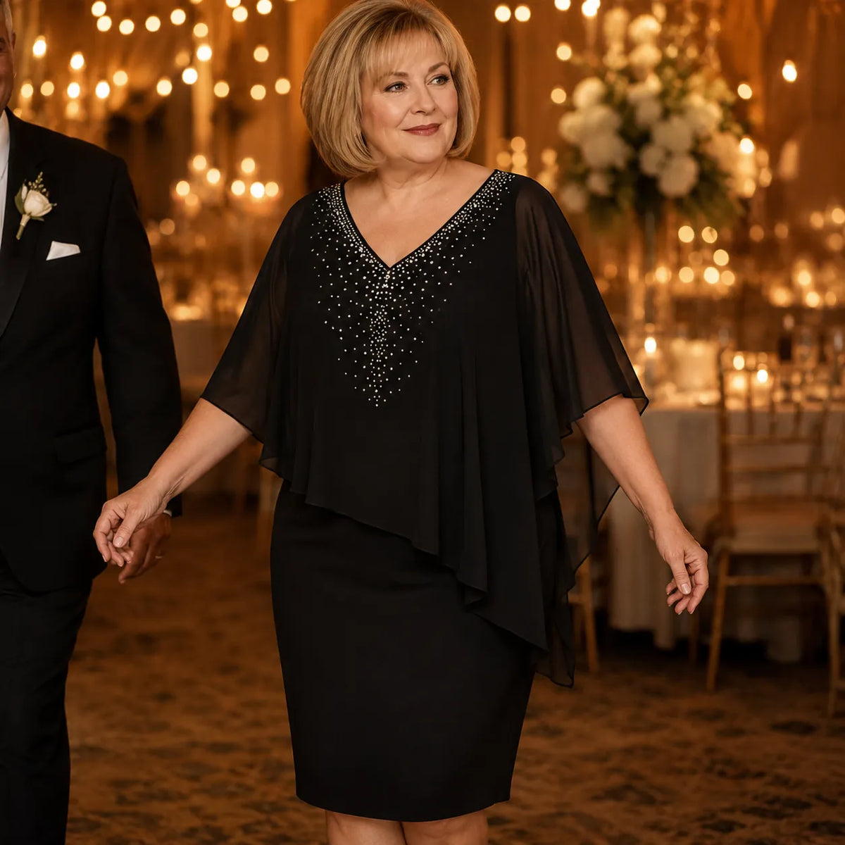 Velora | Rhinestone Cape Midi Dress