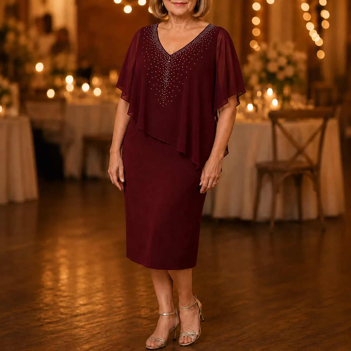 Velora | Rhinestone Cape Midi Dress