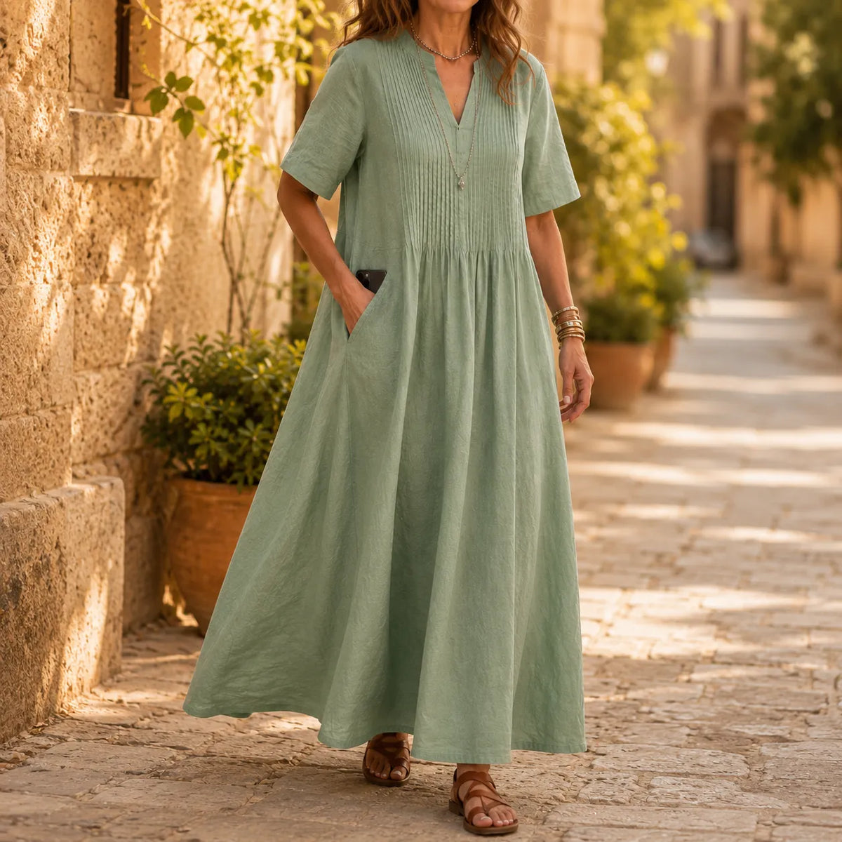 Lunavia | Pleated V-Neck Maxi Dress