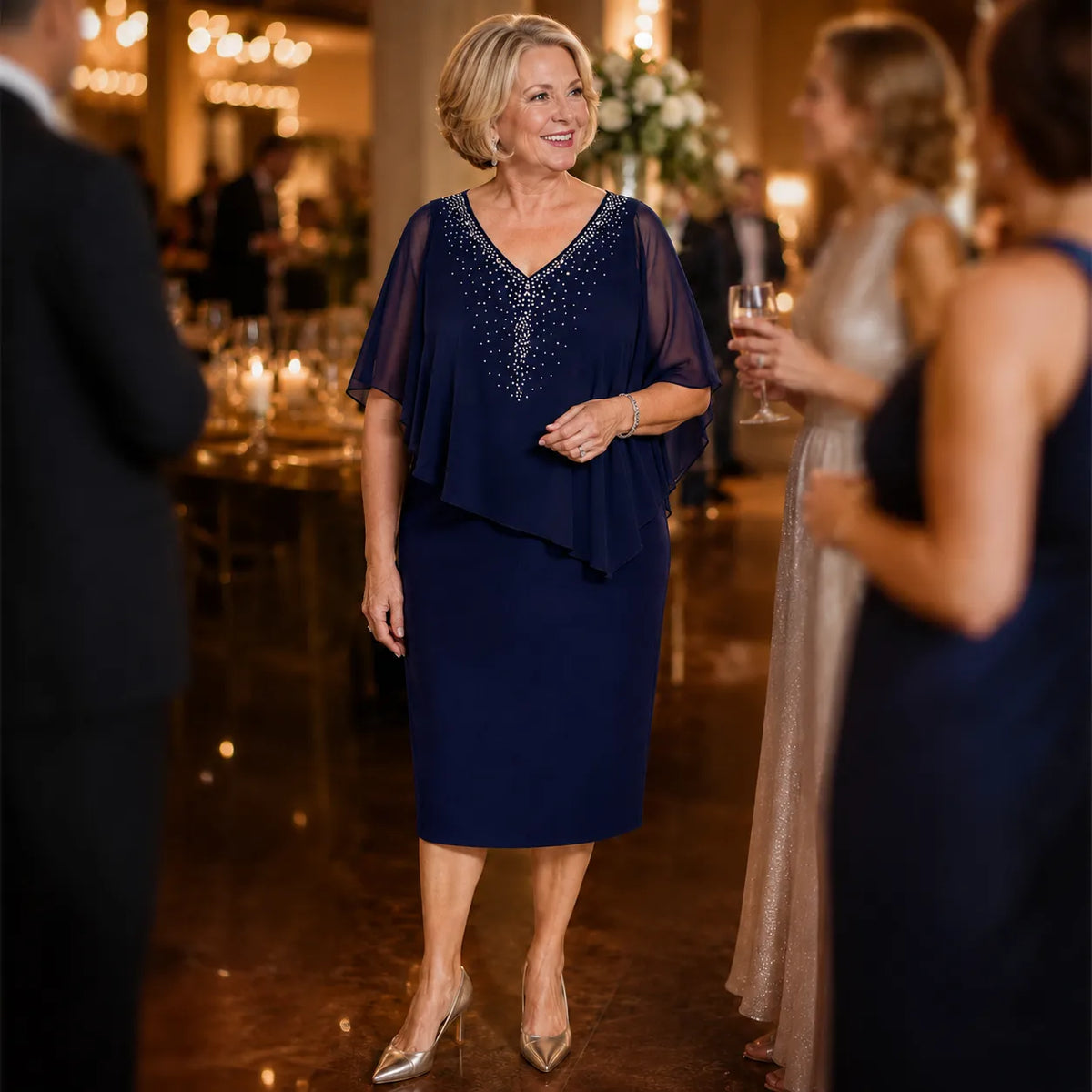 Velora | Rhinestone Cape Midi Dress