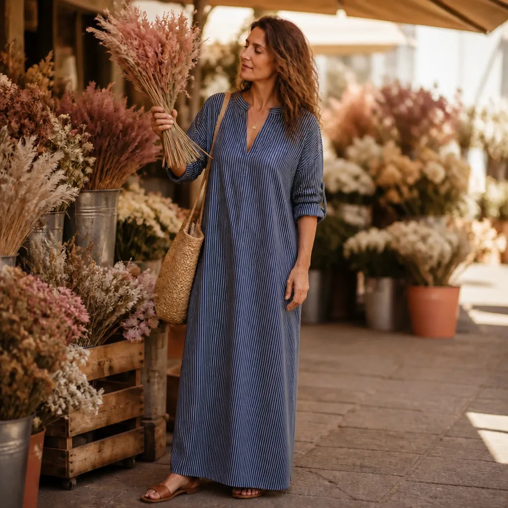 Vestara | Striped V-Neck Maxi Dress