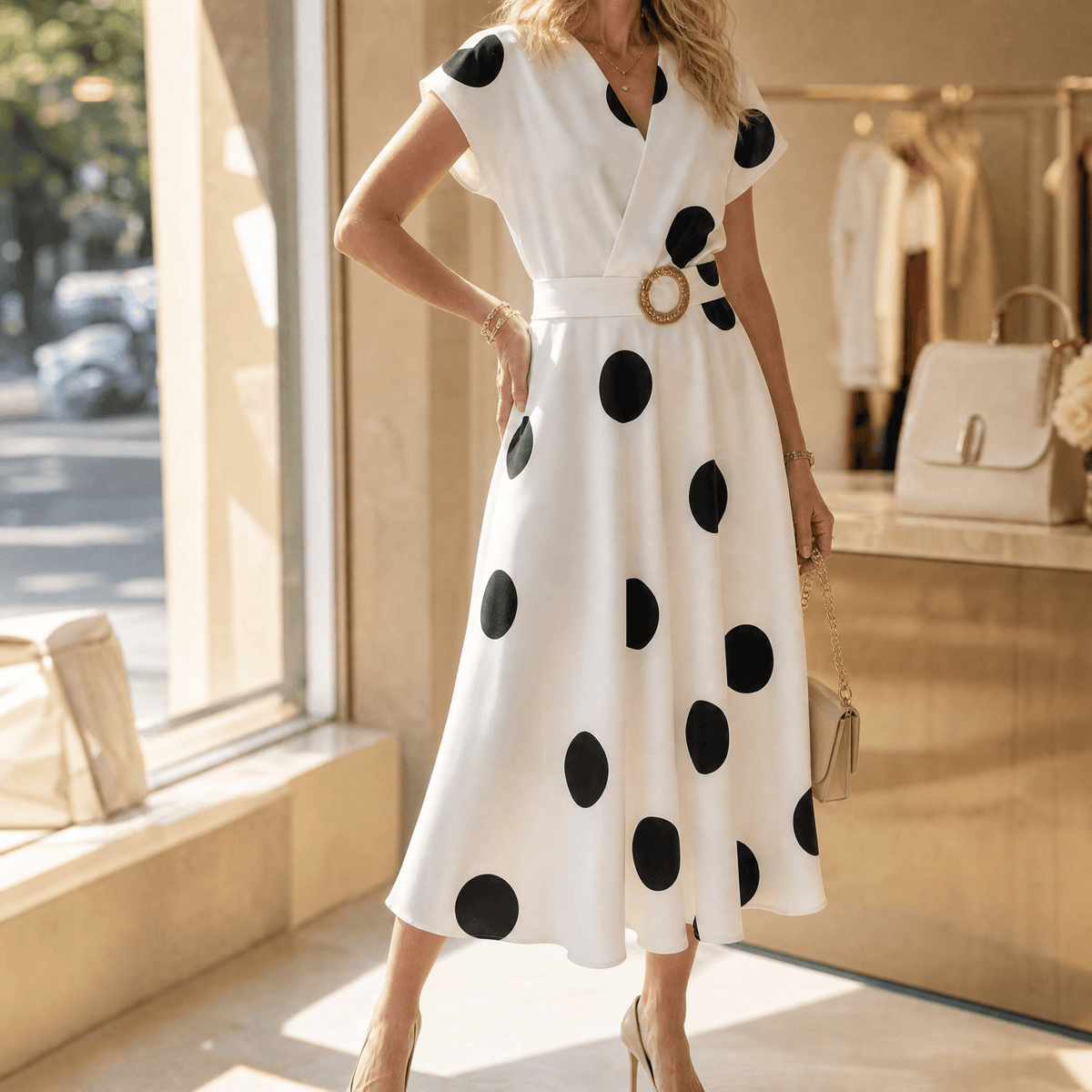 Marlowe | Belted Polka Dot Midi Dress