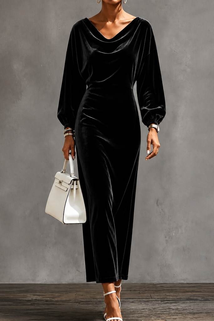 Velvienne | Velvet Round-Neck Midi Dress
