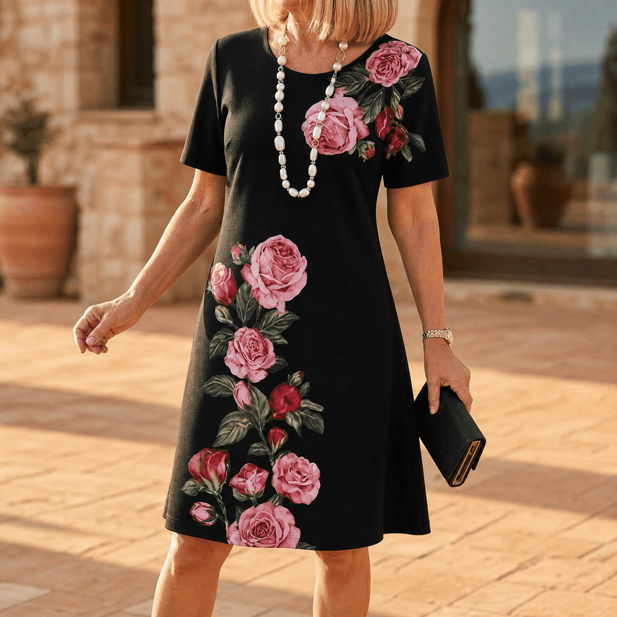 Rosella | Rose Print A-Line Midi Dress