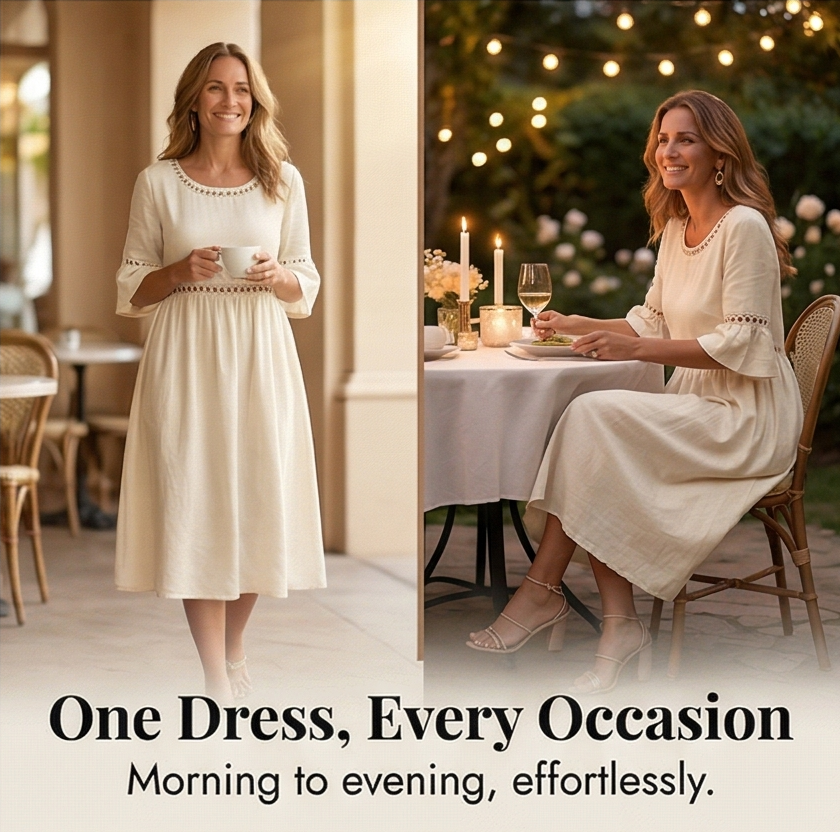 Solenne | Lace Cotton Linen Midi Dress