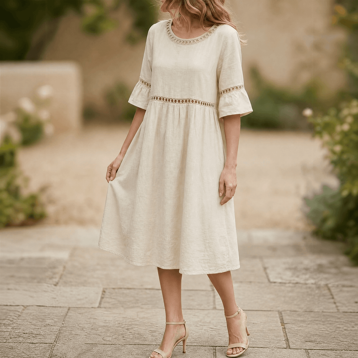 Solenne | Lace Cotton Linen Midi Dress