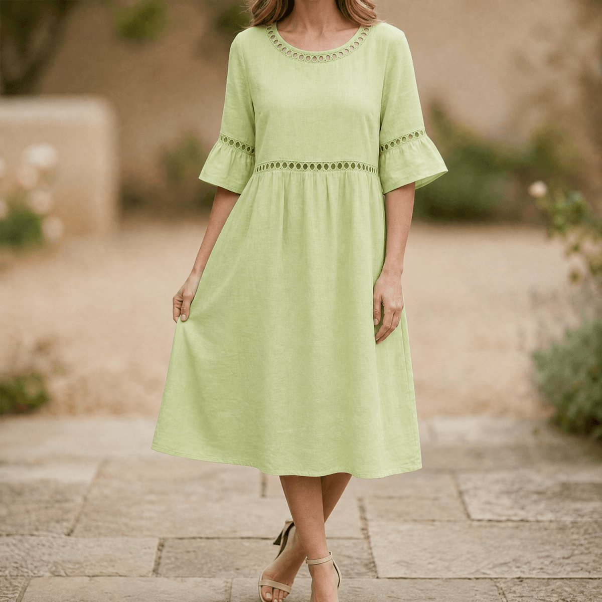 Solenne | Lace Cotton Linen Midi Dress