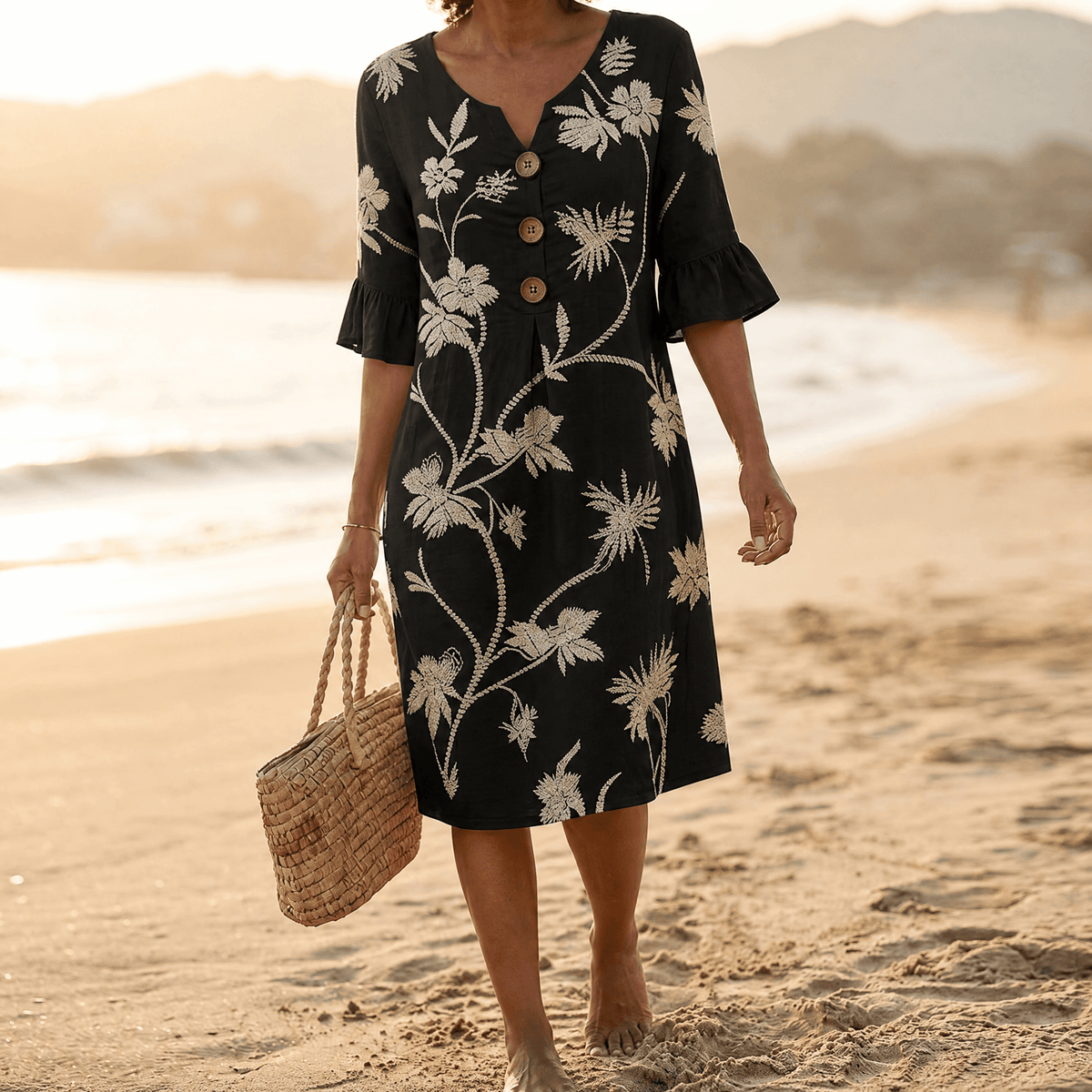 Solenya | Botanical Flutter-Sleeve Midi Dress