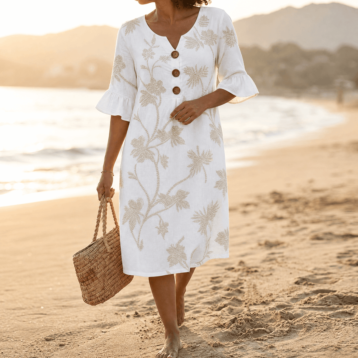 Solenya | Botanical Flutter-Sleeve Midi Dress