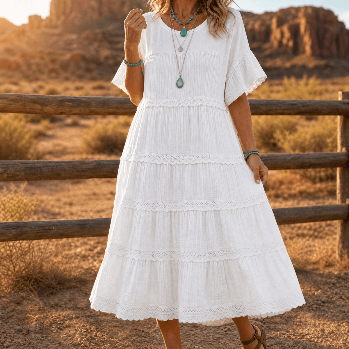Sundara | Tiered Lace Midi Dress