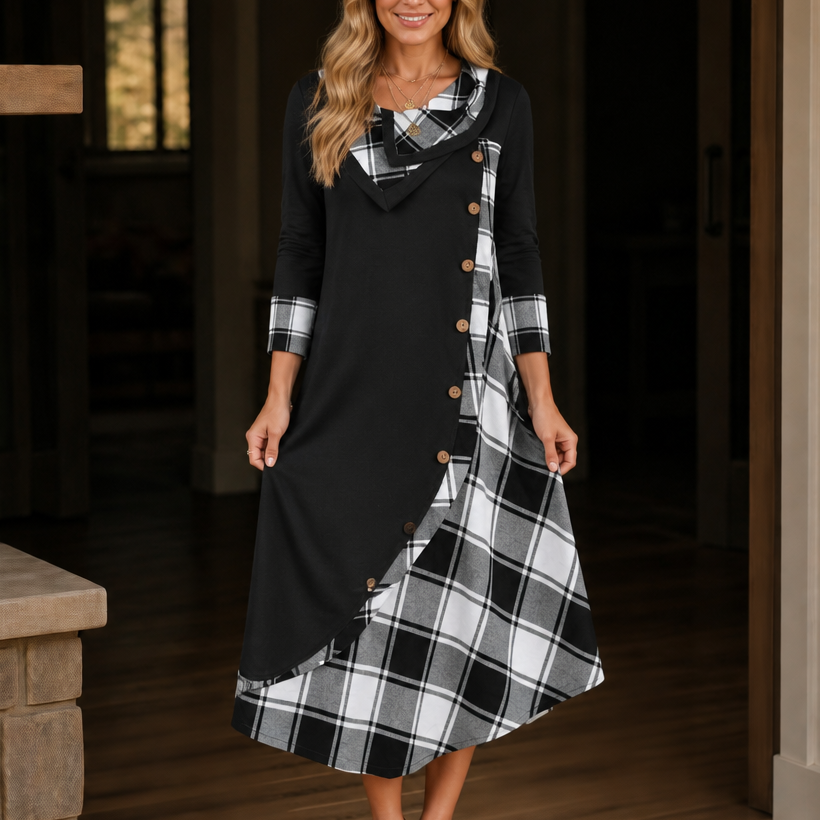Wovelle | Plaid Patchwork Midi Dress